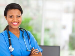Black Nurse wearing blue uniform