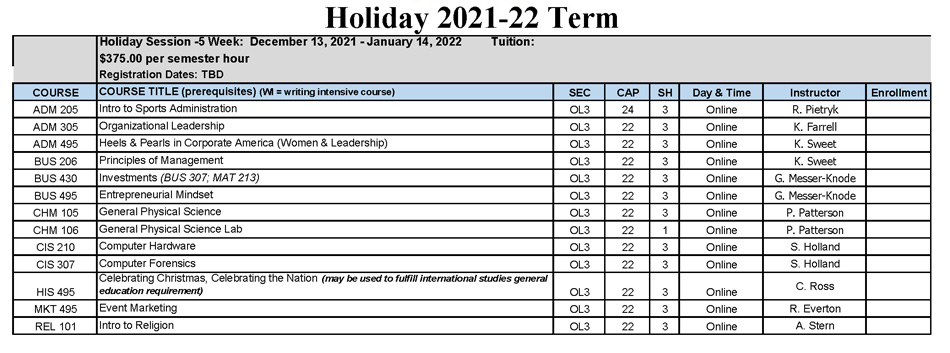 Holiday Term 2022 schedule