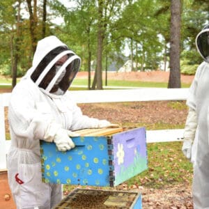 students handling bee hive