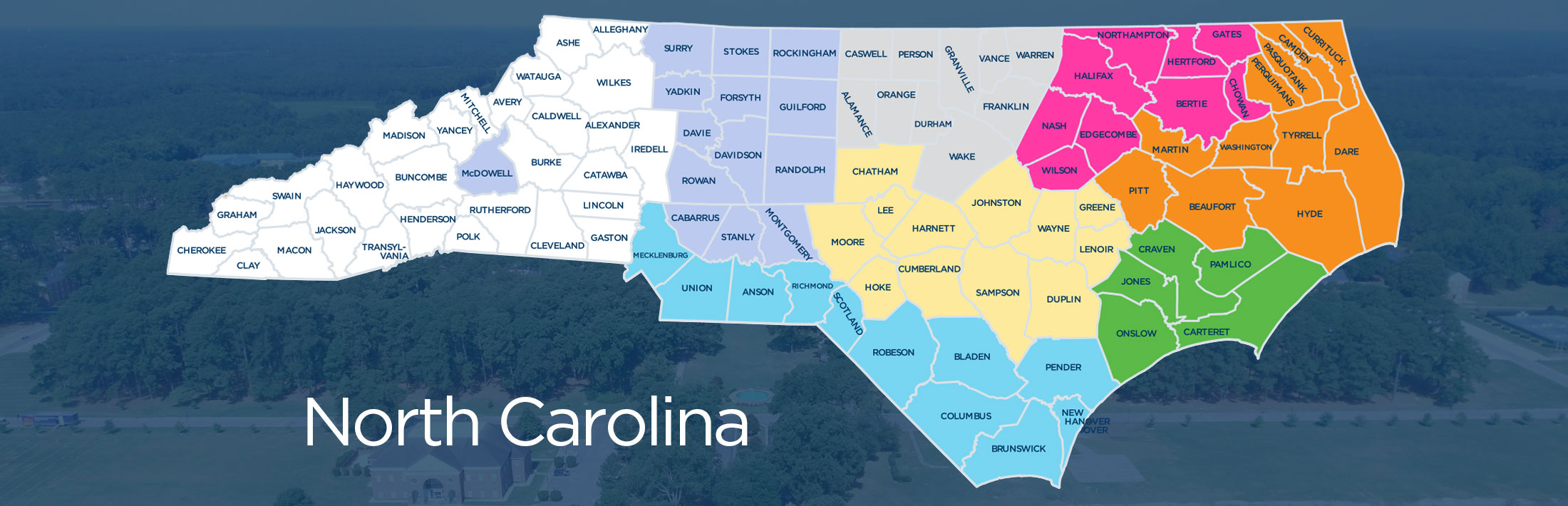 map of NC with counties colored for advisors