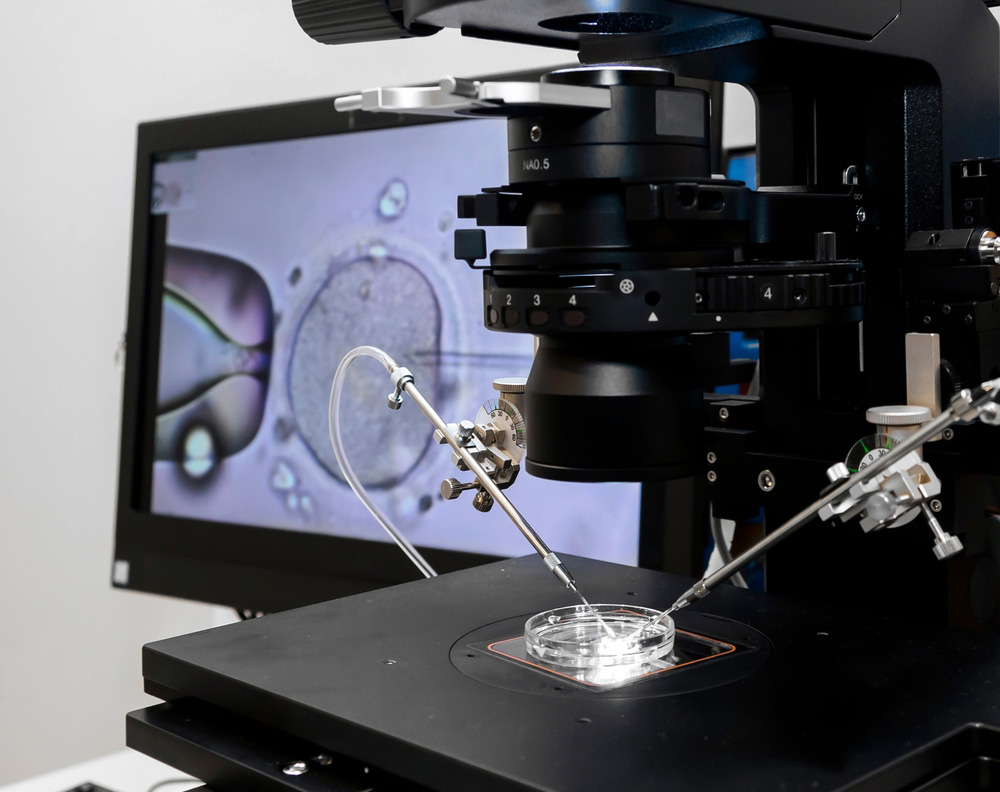 embrio IVF procedure looking in microscope in lab setting